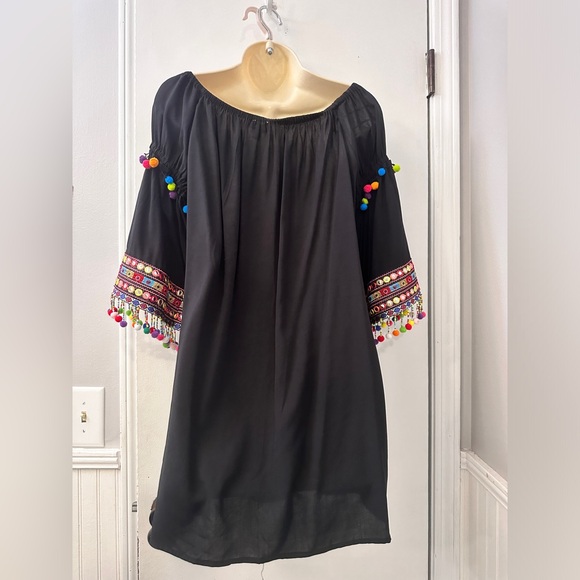 Stellah Off-Shoulder Embroidered Pom-Pom Dress/Top Black Boho Festival Chic XS - Picture 4 of 8